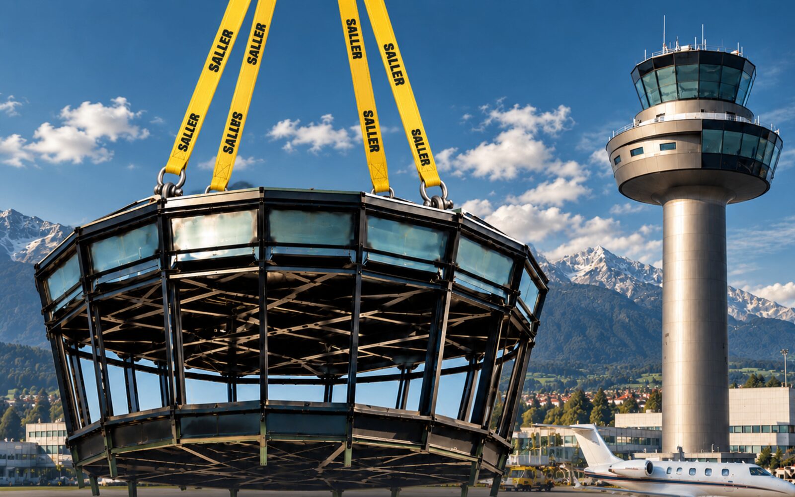Von Metallbau Saller gefertigte Stahl-Glas-Kanzel für den Flugzeugtower Salzburg hängt an gelben Saller-Hebebändern, im Hintergrund Tower und Berge
